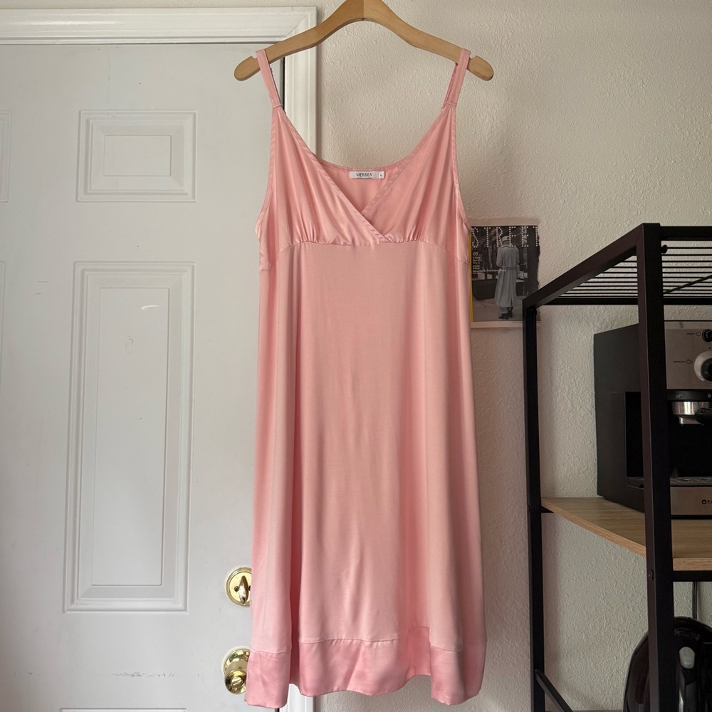 MERSEA pink modal soft satin mixed media surplice sleeveless midi dress